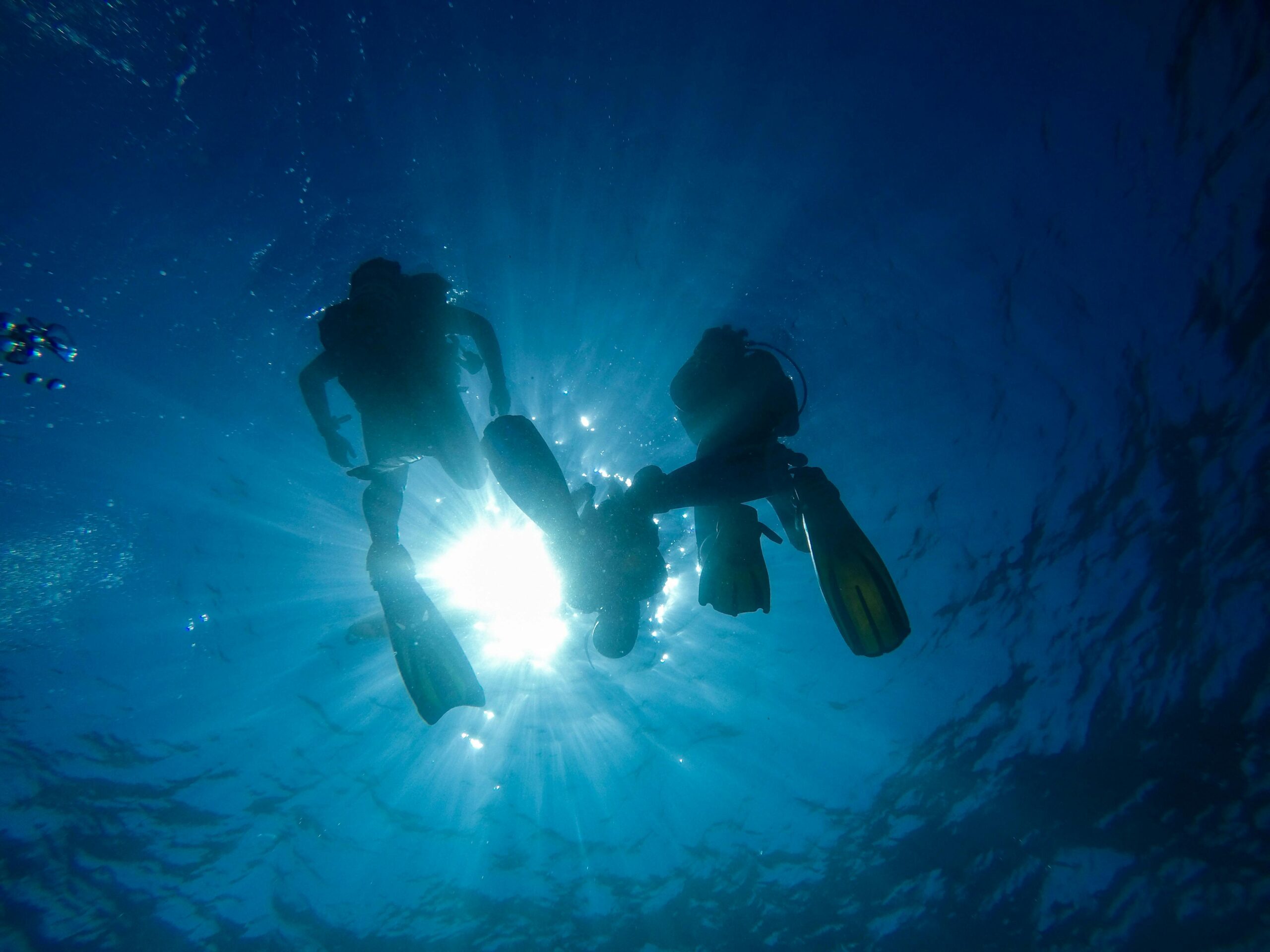 Silhouet van twee duikers die de onderwaterwereld verkennen in de diepblauwe zee bij Koh Tao